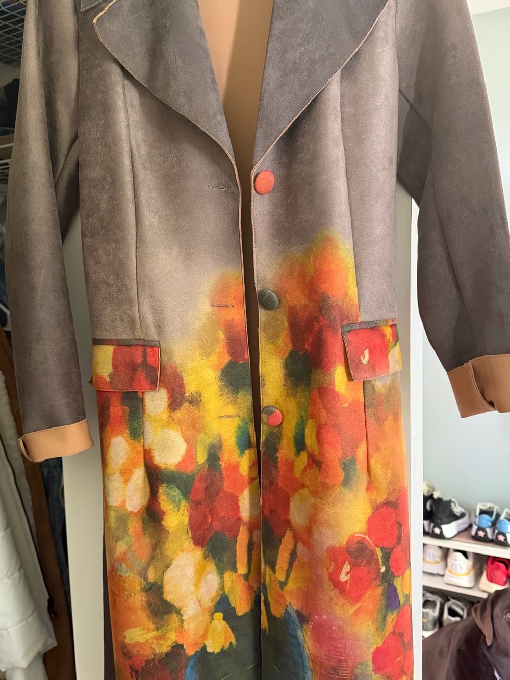 Womens Brown Suede-Look Coat with Vibrant Floral Print